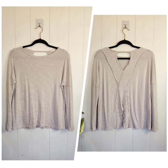 1.4.3 Story Beige Stripe Ribbed Long Sleeve Lagenlook Cut-Out Casual Minimalist - Picture 1 of 10